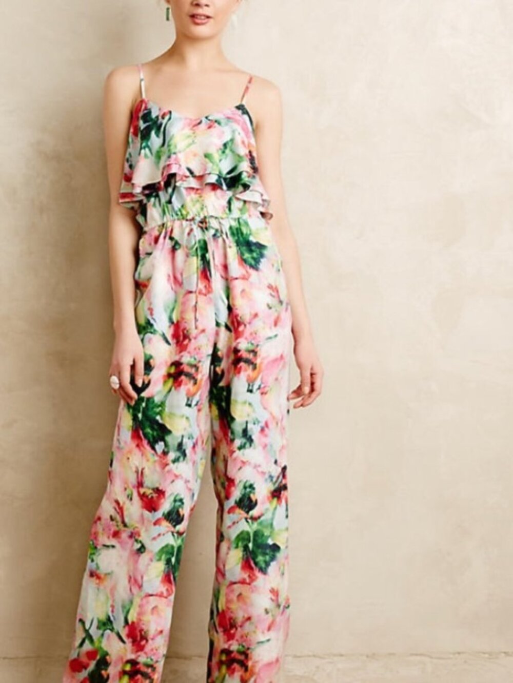 Fleur Wood Floral Print Ruffled Spaghetti-Strap Jumpsuit - Pink & Green XS